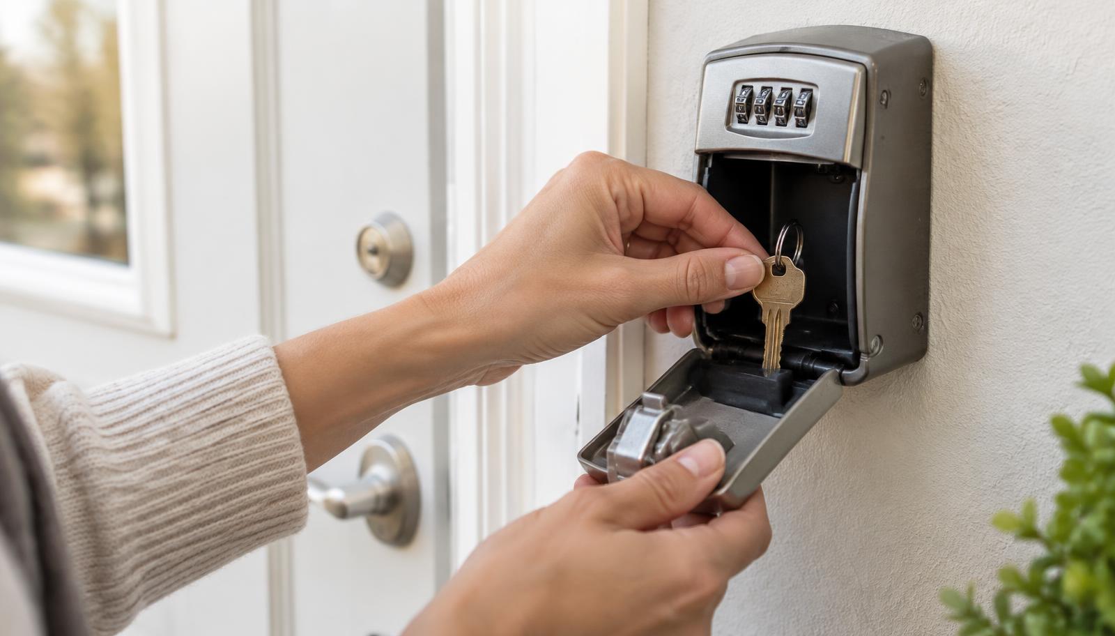 Hands placing a key inside a wall-mounted lockbox by a front door