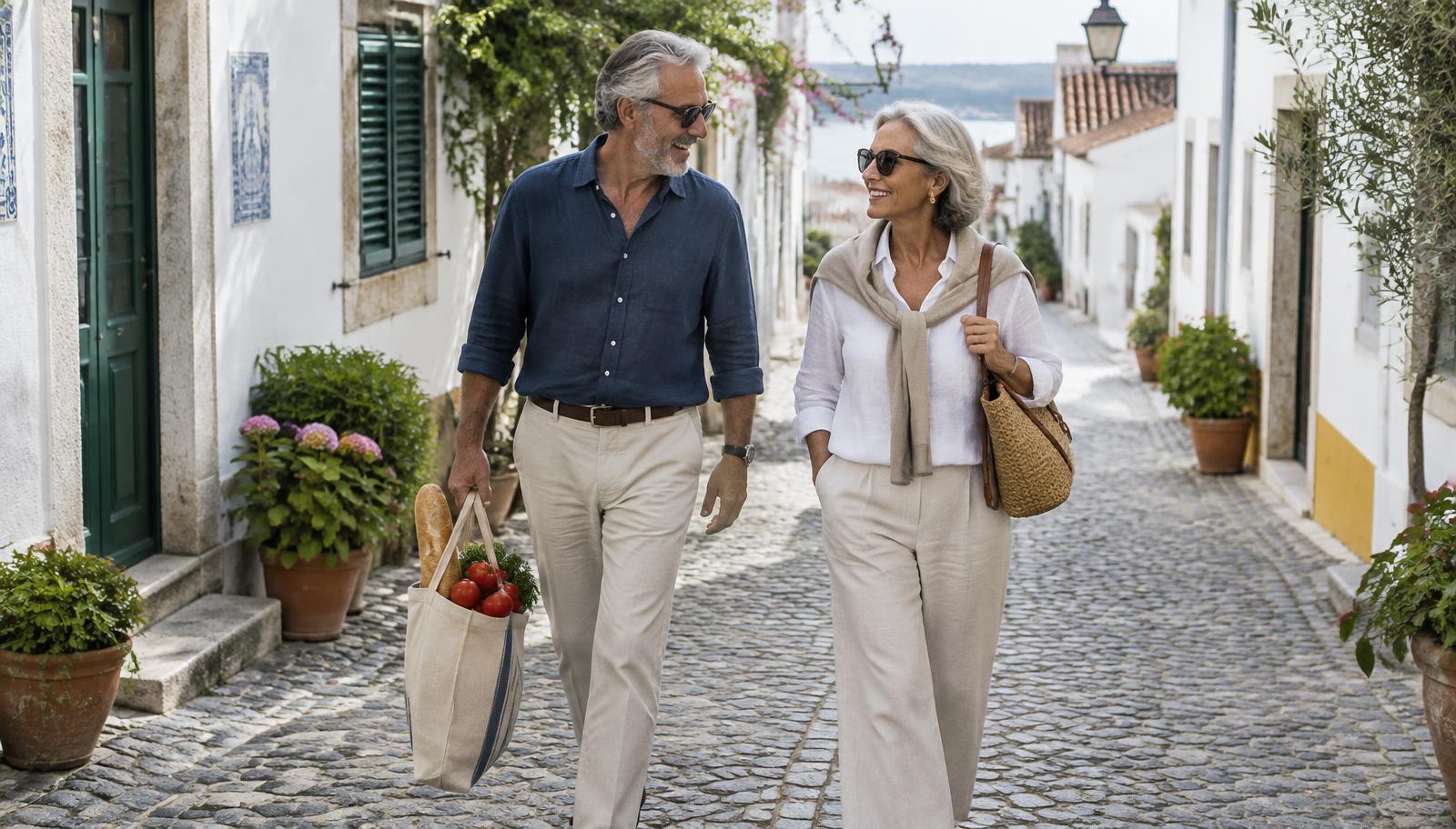 A couple in their 60s carrying a market tote with bread and tomatoes along a cobbled lane